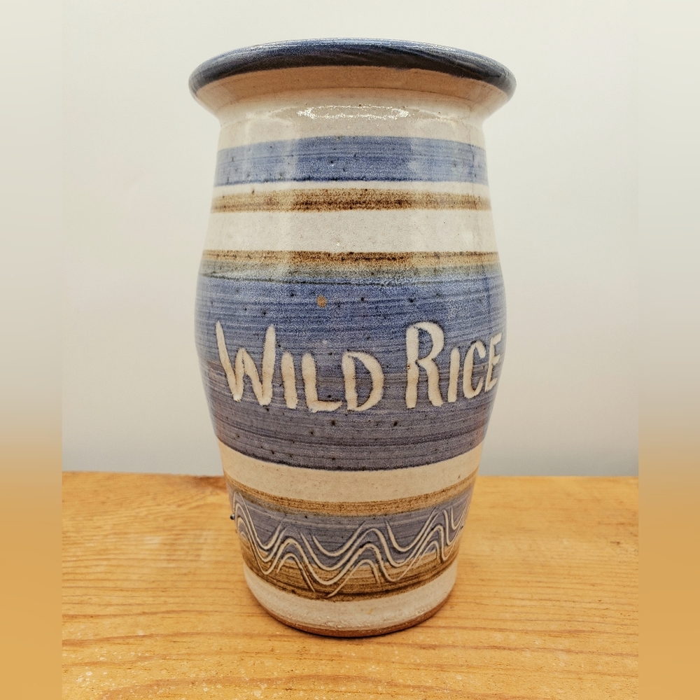 Wild Rice Ceramic Pottery Crock Jar Canister Hand Crafted Signed Naomi 6.5" Blue